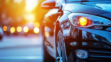 A sleek black car with illuminated headlights and taillights, parked on a city street at sunset.
