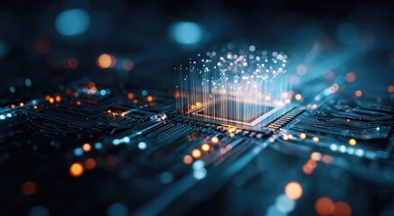 Obraz premium Glowing central processing unit on circuit board, data streams rising, dark blue and orange tones, digital technology concept