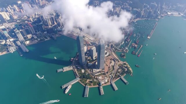 Aerial view of modern urban skyline.