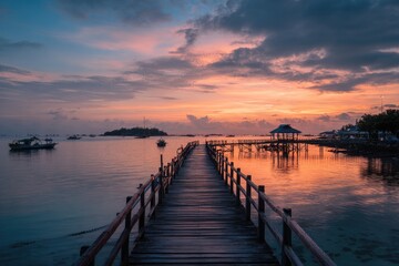 Fototapeta premium Serene sunrise over calm ocean; wooden pier extends towards small island, boats gently bobbing in the water, peaceful pastel sky