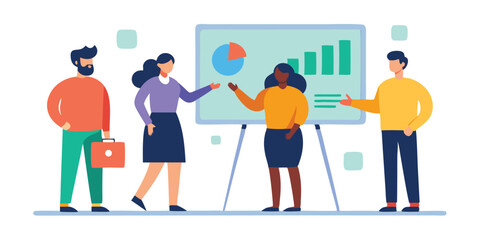 Business team presentation diverse colleagues meeting whiteboard charts graphs