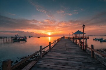 Fototapeta premium Serene sunrise over calm ocean, wooden pier extends towards vibrant, colorful sky; fishing boats anchored nearby