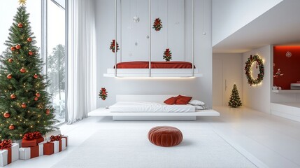 A modern and festive winter interior featuring a minimalist bedroom with a suspended bed, decorated Christmas tree, and seasonal elements for a cozy atmosphere.