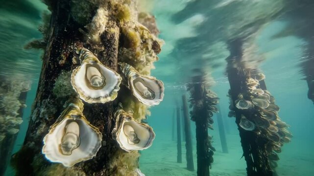 Oysters growing on poles in an oyster farm underwater ocean scene