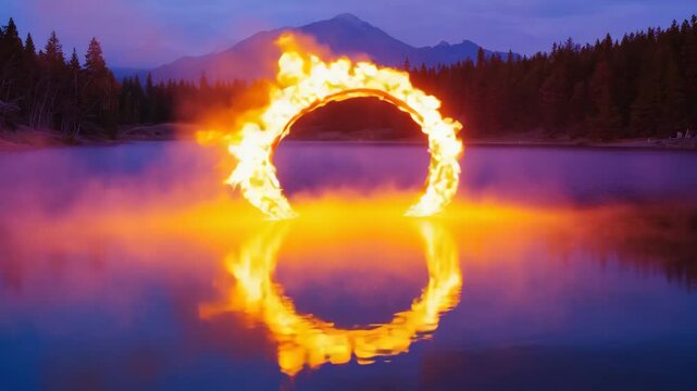 Fiery Portal Ring Floating Over Lake
