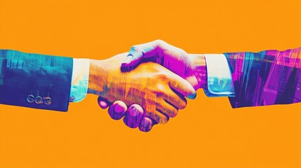 Vibrant handshake illustration emphasizing partnership and business collaboration, showcasing modern techniques in visual communication and creative design for professional settings.