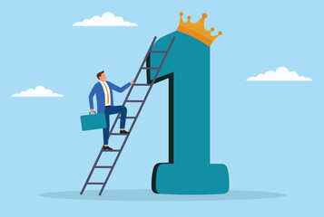 Vector illustration of a businessman climbing a ladder toward a 1st place award and crown, symbolizing ambition, hard work, progress, and the pursuit of success and leadership