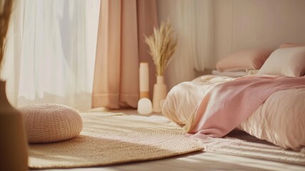 A serene and stylish bedroom captures the essence of modern decor with soft pink hues, natural light, and minimalist furnishings, creating a cozy atmosphere for relaxation.