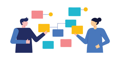 Two colleagues collaborating on a flowchart project