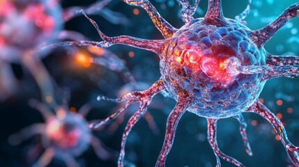 Caption: This vibrant illustration showcases a close-up view of neurons, emphasizing their intricate structures and the connections that facilitate communication within the brain and nervous system.