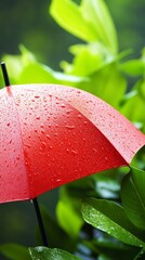 A vibrant red umbrella adorned with raindrops stands out amidst lush greenery, symbolizing the beauty of rainy days in nature's refreshing embrace and inviting tranquility.