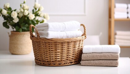 Fototapeta premium Luxury Hotel Spa Bath Towels in Wicker Basket Clean, Soft, and Fluffy