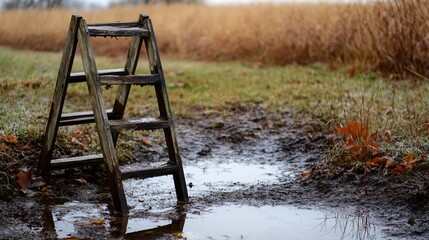 A rustic wooden ladder stands in a muddy area surrounded by tall grasses, reflecting a serene yet mysterious atmosphere of nature, perfect for evocative storytelling.