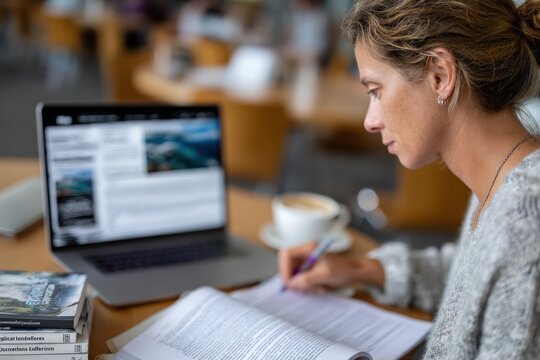 A studious woman engages in research and study with her laptop at a cozy café, illustrating the blend of productivity and comfort in modern learning environments. - Powered by Adobe
