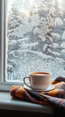 Cozy winter scene featuring a warm cup of coffee placed on a colorful blanket by a frosty window, overlooking a snowy landscape, perfect for relaxation and comfort.