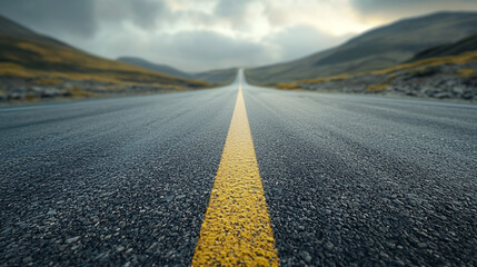 Fototapeta premium A long asphalt road with a yellow line stretching into the distance under a cloudy sky landscape