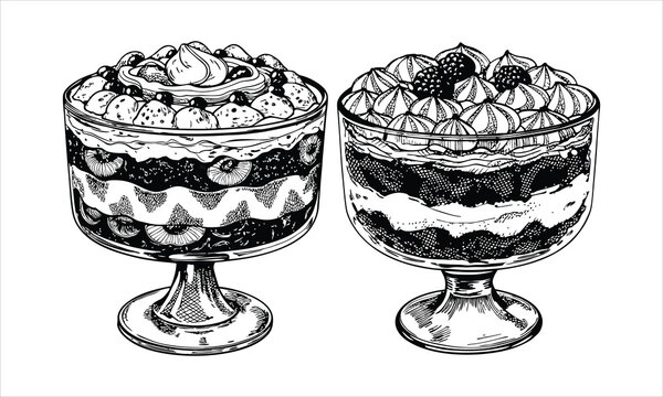 Two trifle desserts in glass bowls isolated on white background