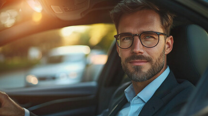 Man with glasses driving a car looking at the camera with a slight smile on his face in the daytime
