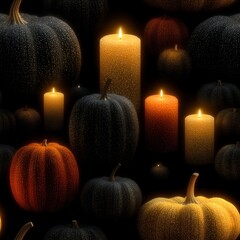 Colorful pumpkins and candles create an inviting autumn atmosphere in this seamless pattern perfect for festive decor