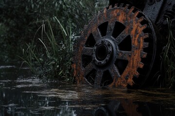 Obraz premium Rusted metal gear submerged partially in murky water, surrounded by lush green vegetation