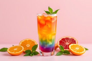 Fototapeta premium Rainbow Refreshment: A vibrant, multi-layered cocktail featuring citrus fruits and mint, creating a visual treat that's as appealing as it is refreshing.