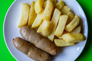 Two Pork Sausages With Chips Meal