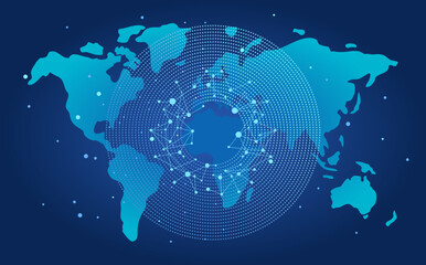 Quantum abstract circles background for global data concept, blue tones connected dots sphere lines wireframe pattern and a world map behind, concept of data science, technology, ai