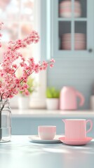 A beautifully arranged kitchen scene highlighting delicate pink cherry blossoms in a glass jar, complemented by matching tea set accents against a softly lit background.