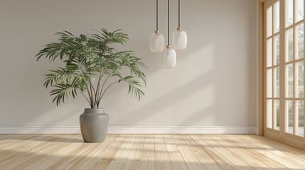 Modern minimalist empty room with hanging lamps and potted plant