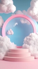 A whimsical pink portal amidst fluffy clouds offers a dreamy backdrop for editing or design projects, evoking creativity, adventure, and a sense of wonder in the viewer's mind.