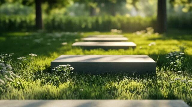 Concrete blocks lie in the lush green grass