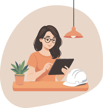 Female Engineer Using Tablet. Flat Vector Illustration in Cozy Office Setting