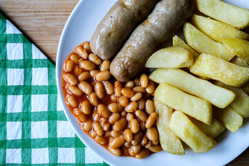 British Favourite Pork Sausages With Chips And Baked Beans In Tomato Sauce