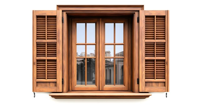 A wooden window with shutters open on a white wall background.