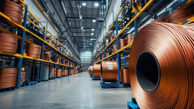 Forward-looking perspective. There are rolls of copper wire cable in the warehouse of the cable manufacturing plant.