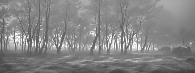 Obraz premium Eerie Black and White Forest in Dense Fog with Silhouetted Trees and Mystical Atmosphere