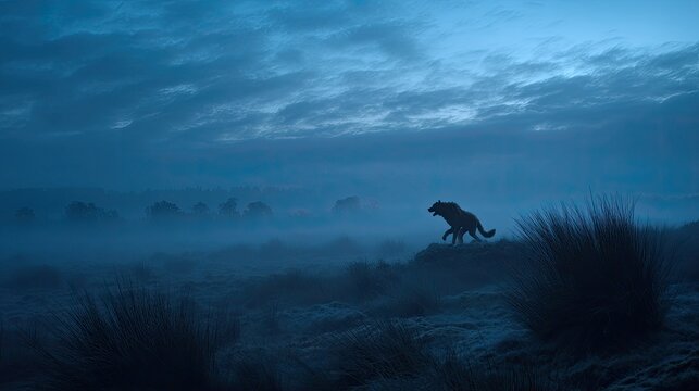 Foggy moor with howling werewolf silhouette, pre-dawn blue light, cinematic