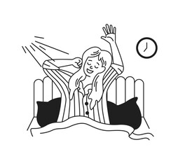 Illustration of a cheerful woman waking up and stretching in bed. Sunlight beams through the window adding warmth to the bedroom setting. The mood is refreshed and positive.