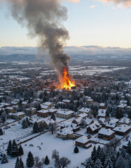 A massive fire engulfs a suburban area blanketed in snow, with thick black smoke rising into a clear blue sky 