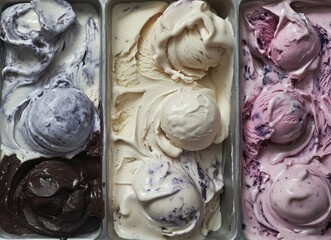 Obraz premium Ice cream in the display case of an ice cream shop, ice cream display with colorful swirls in gelato shop