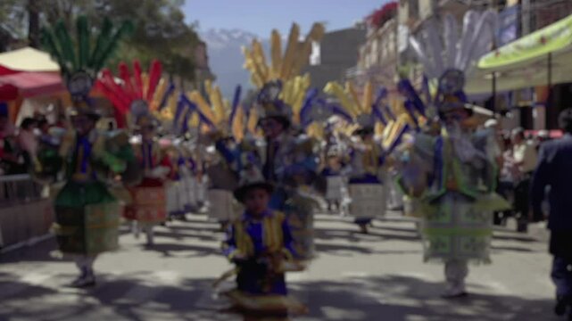 Blurred Dancers Marching and Performing During Virgen de Urkupina Festival in Quillacollo, Bolivia - 4K