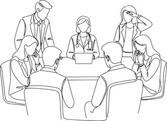 Continuous line art illustration of a business meeting with a diverse group, including a doctor figure