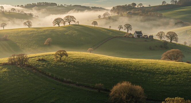 A scenic view of rolling green hills with scattered trees and a house in the distance shrouded in mist