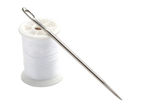 A needle and white thread on transparent background 