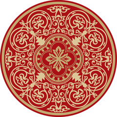 Vector gold with red round classic byzantine ornament. Circle, ring, border, Ancient Greece, Eastern Roman Empire frame. Decoration of the Russian Orthodox Church
