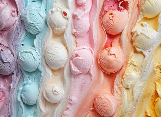 Ice cream in the display case of an ice cream shop, ice cream display with colorful swirls in gelato shop