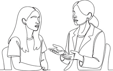 Simple line art illustration of a doctor and a patient in a friendly conversation during a consultation