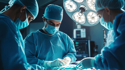 Surgical team in blue scrubs performing an operation in a modern operating room, illuminated by overhead surgical lights, showcasing precision and teamwork in a critical medical procedure