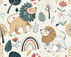 Seamless Scandinavian Lion Vector Illustration – Cute Hand-Drawn Animal Pattern for Nursery and Kids Decor