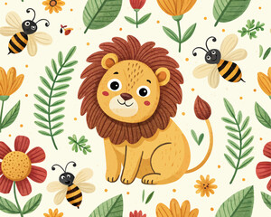 Seamless Scandinavian Lion Vector Illustration – Cute Hand-Drawn Animal Pattern for Nursery and Kids Decor